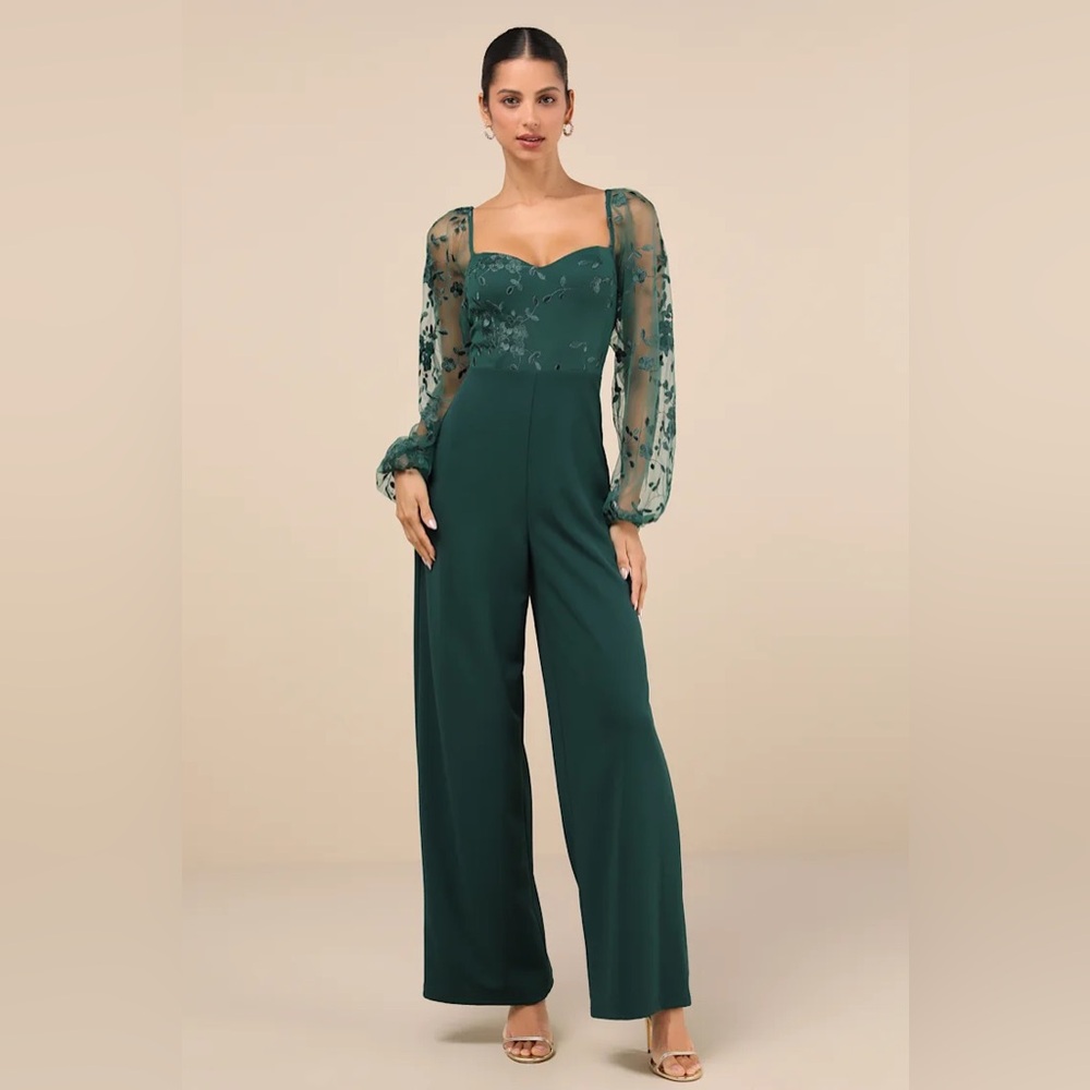 Lulu's Green Jumpsuit with Sheer Sleeves